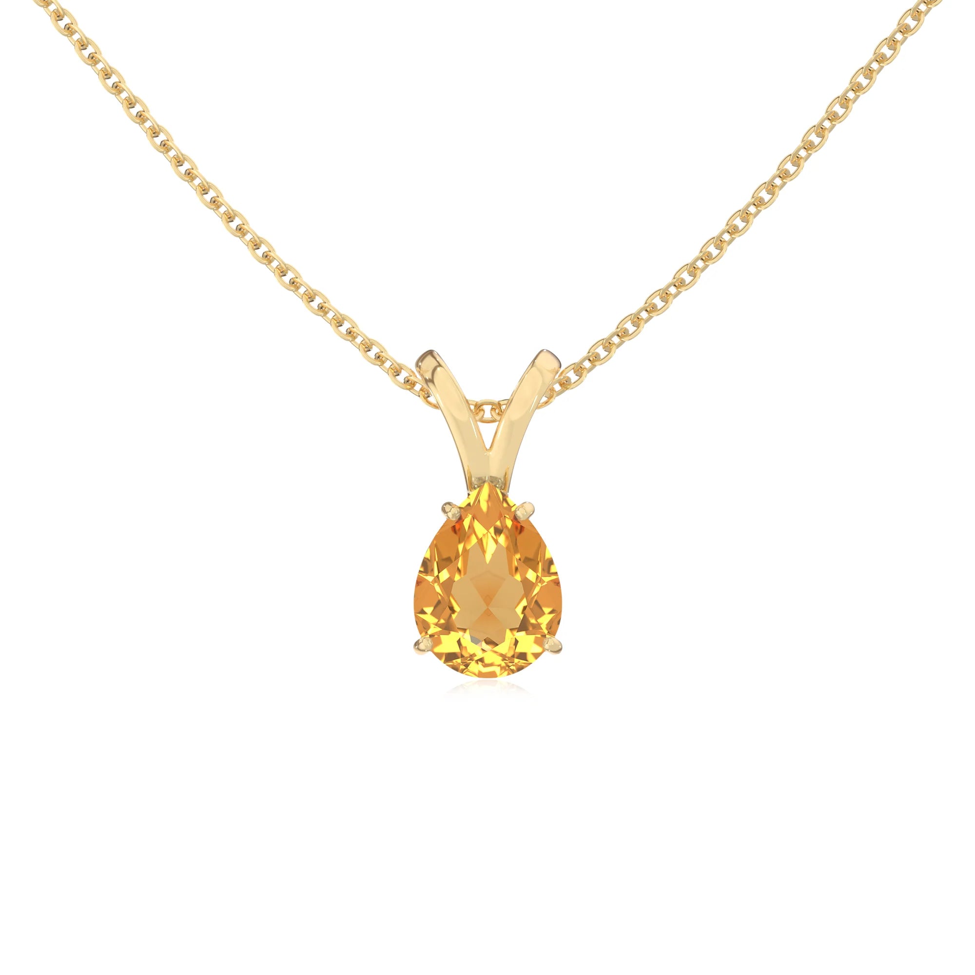 lab grown citrine pear solitaire v-bale necklaces in yellow gold 