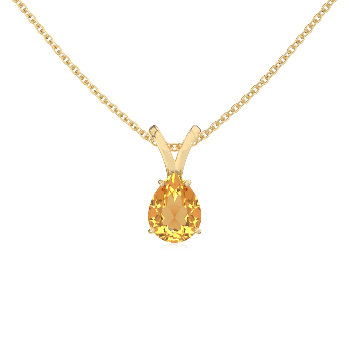 lab grown citrine pear solitaire v-bale necklaces in yellow gold 