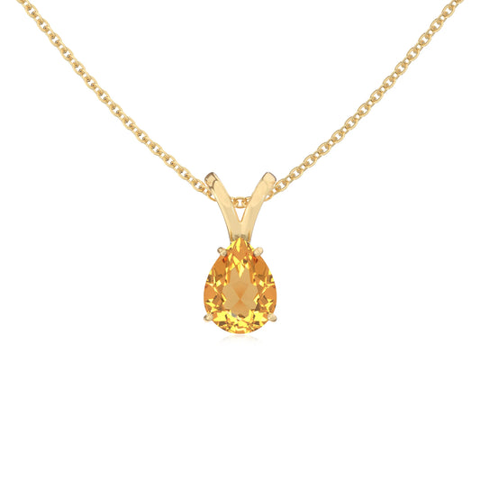 lab grown citrine pear solitaire v-bale necklaces in yellow gold 