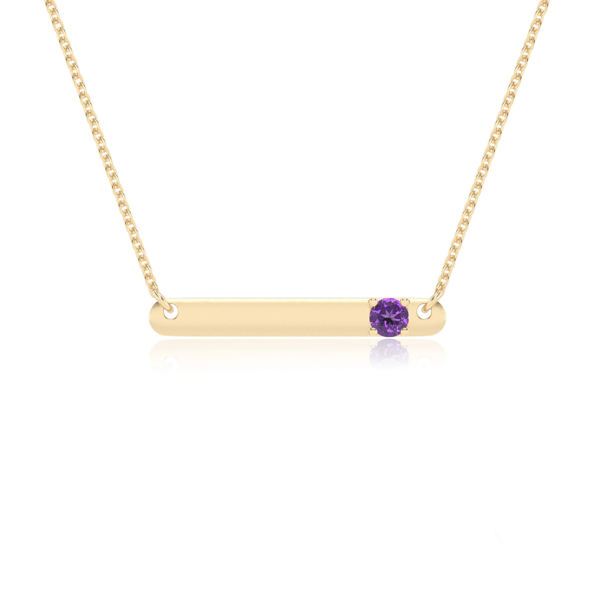 lab grown amethyst round bar v-bale necklaces in yellow gold 
