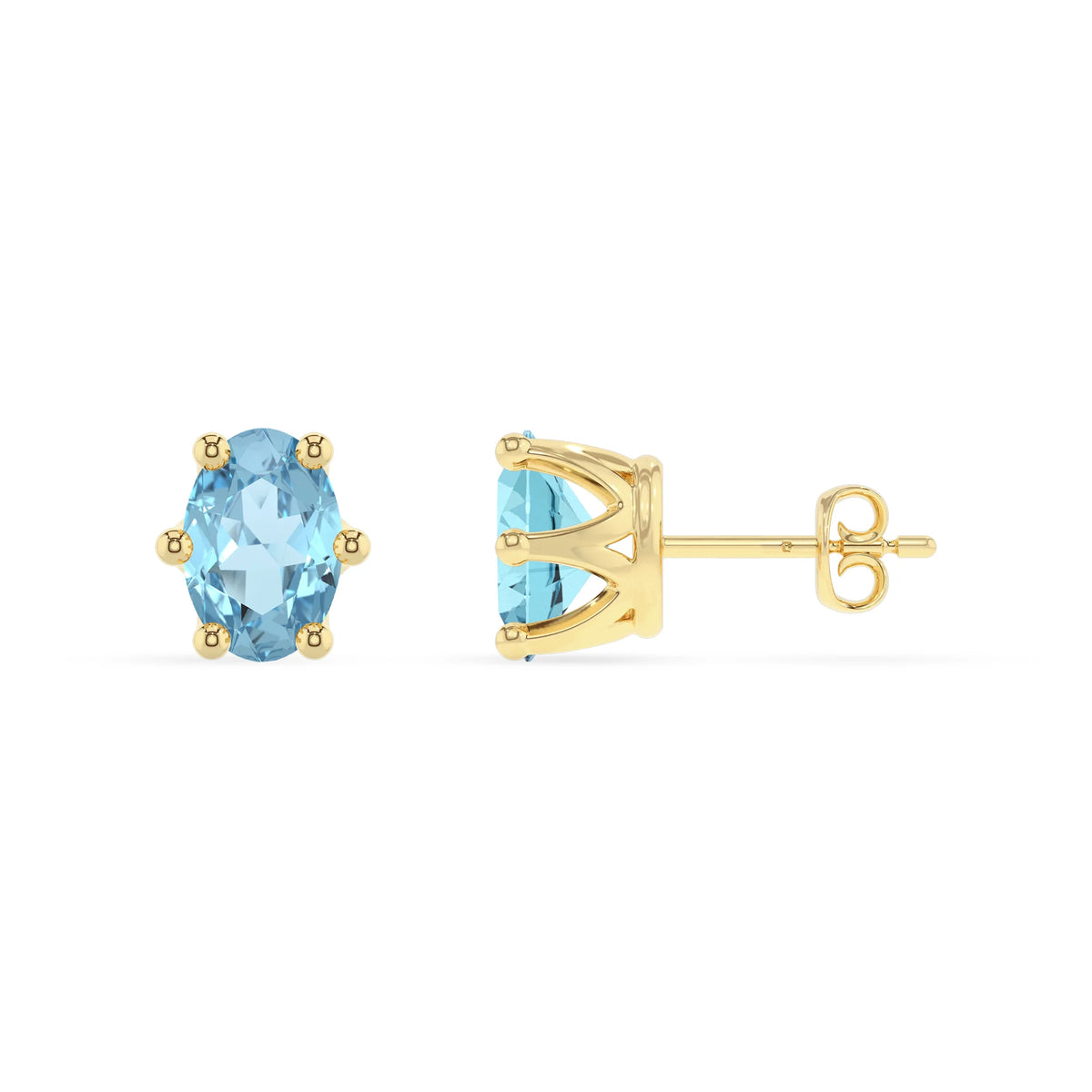 lab grown aquamarine oval stud earrings in yellow gold 