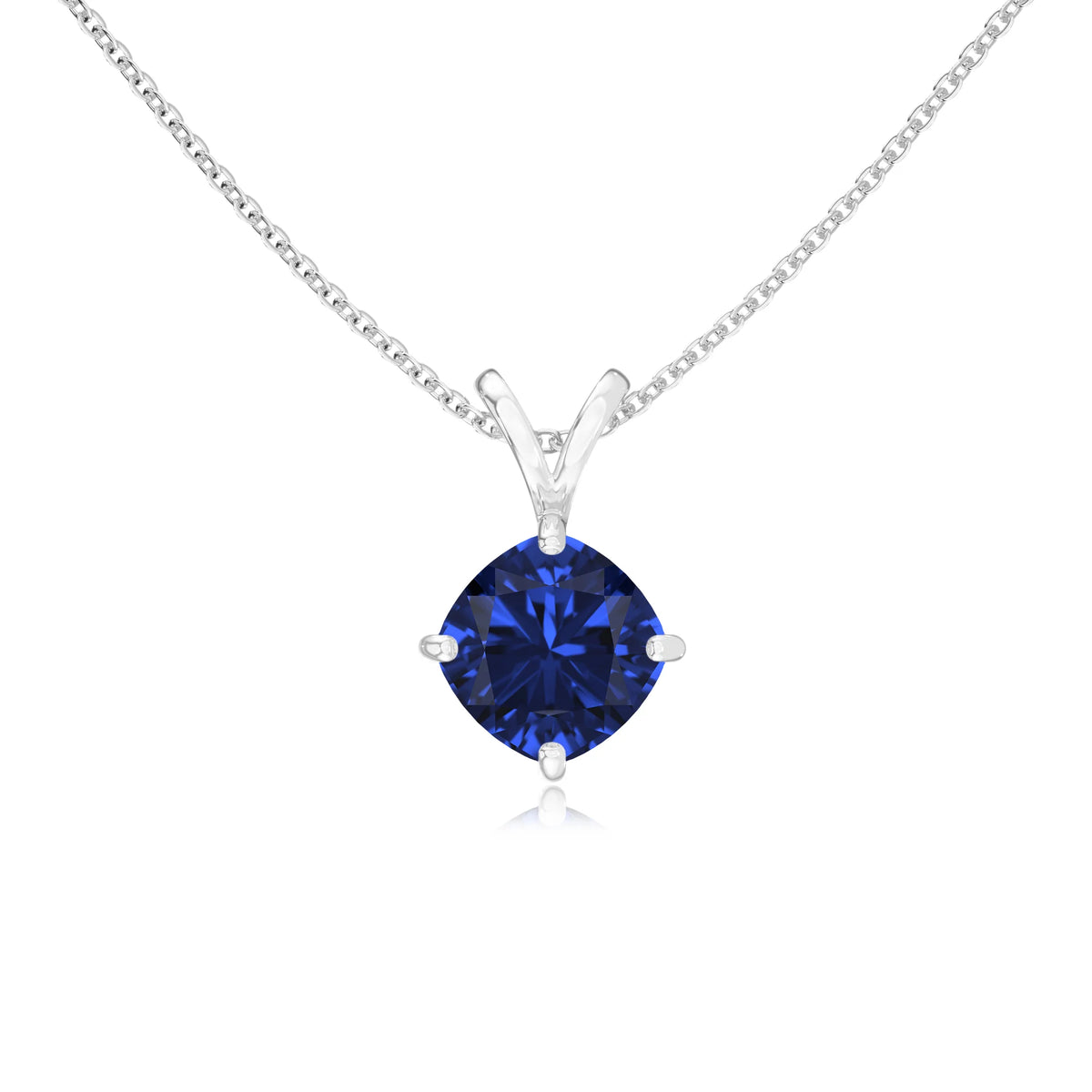 lab grown blue-sapphire cushion solitaire v-bale necklaces in sterling silver 