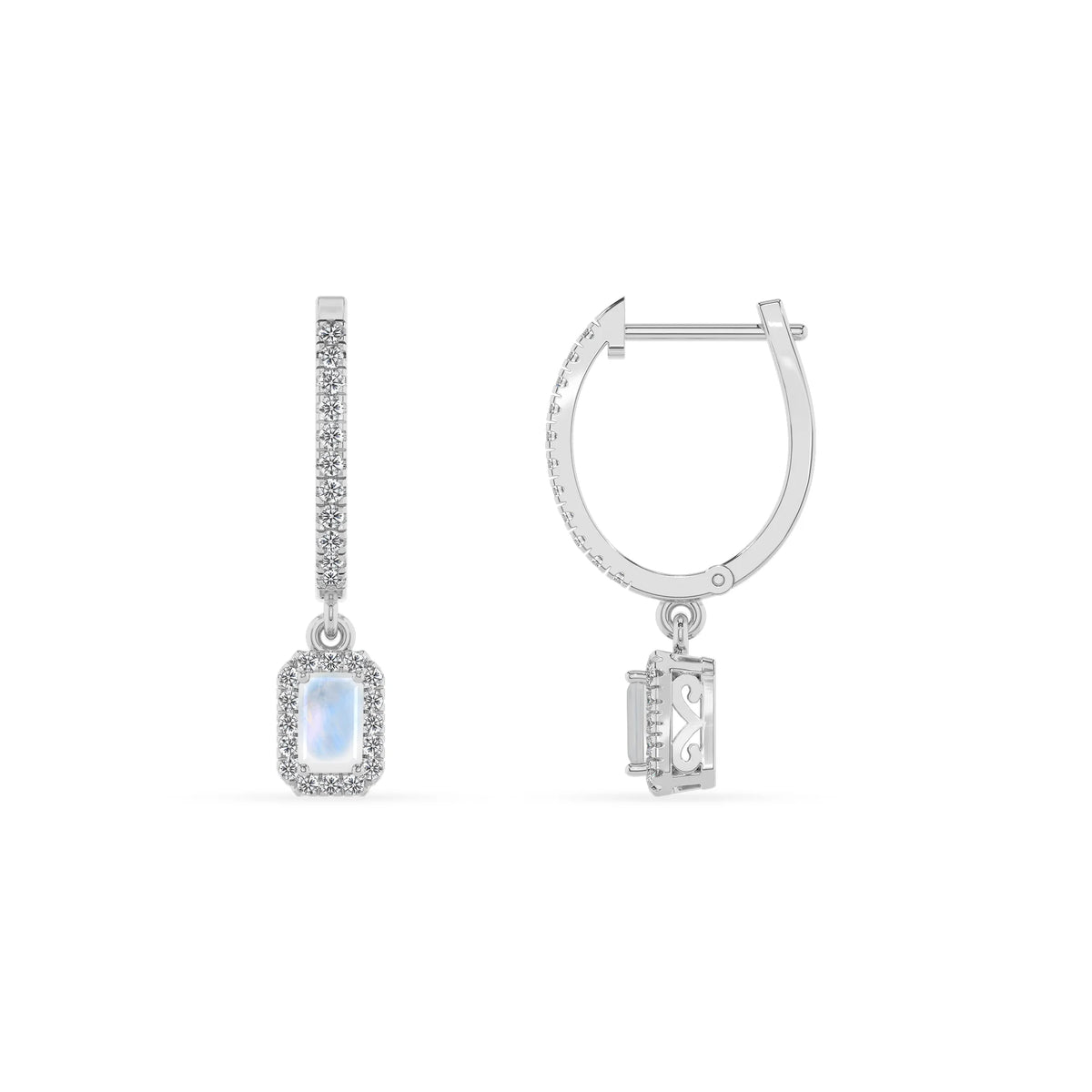 natural rainbow moonstone emerald cut drop earrings in white gold 