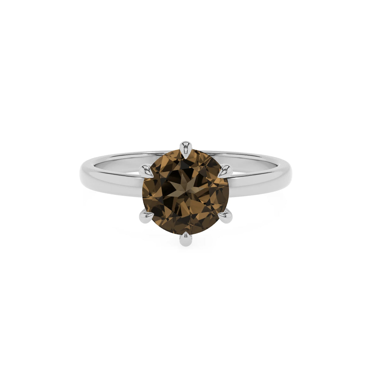 natural smoky-quartz round solitaire rings in white gold 