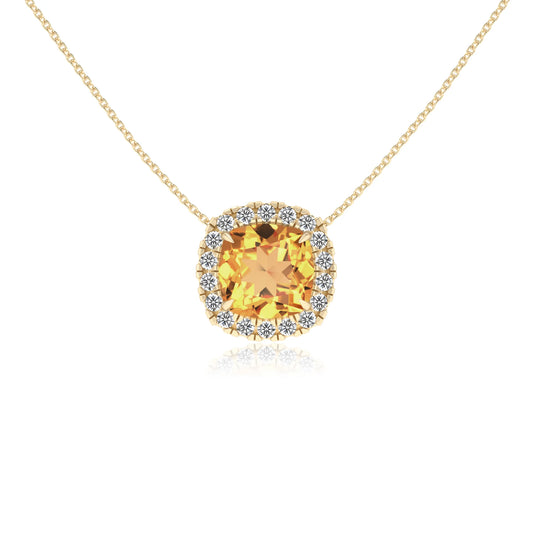 lab grown citrine cushion solitaire necklaces in yellow gold 