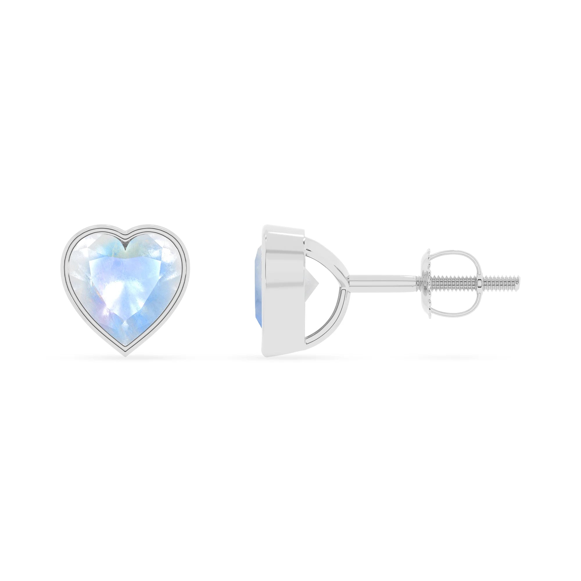 natural rainbow moonstone heart stud earrings in white gold 