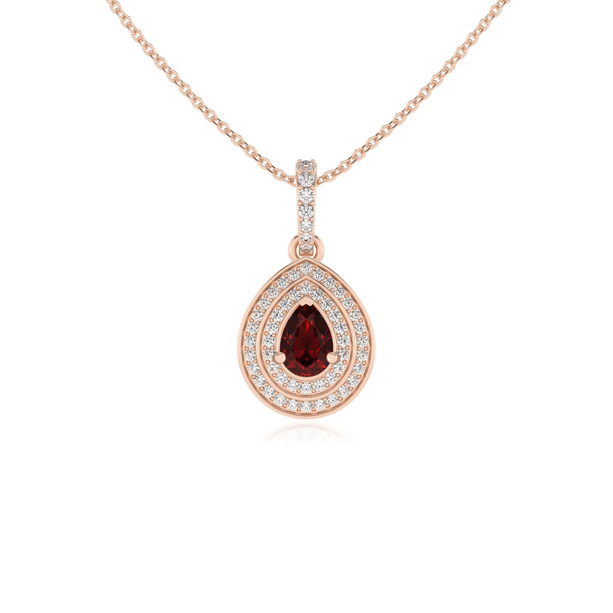 natural garnet pear halo necklaces in rose gold 