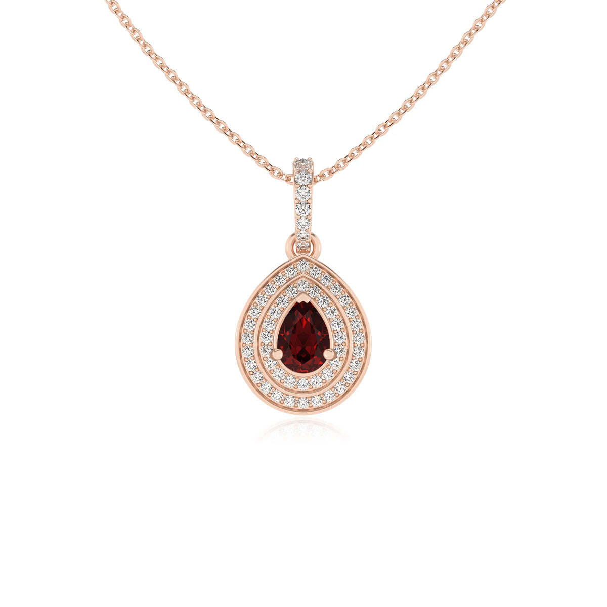 natural garnet pear halo necklaces in rose gold 