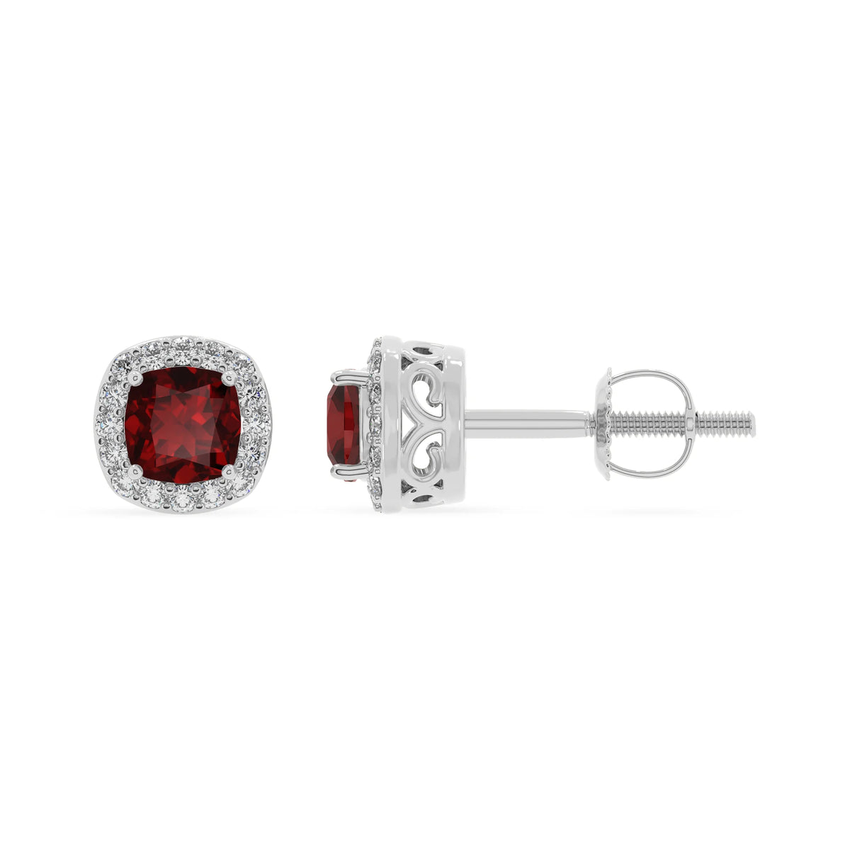 natural garnet cushion stud earrings in platinum 