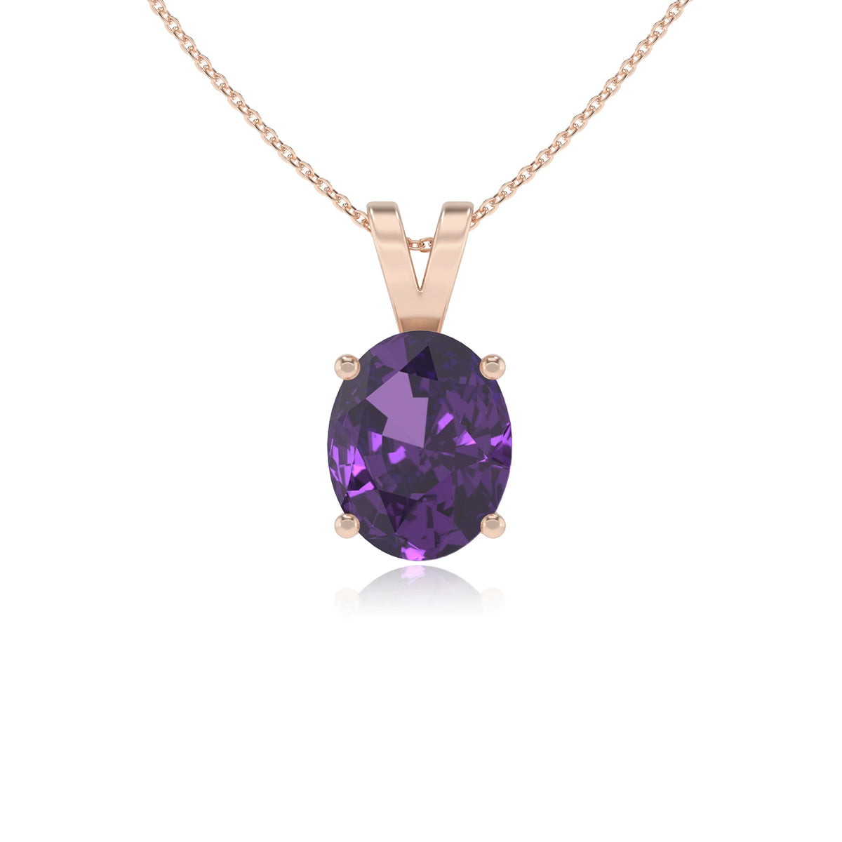 lab grown amethyst oval solitaire v-bale necklaces in rose gold 