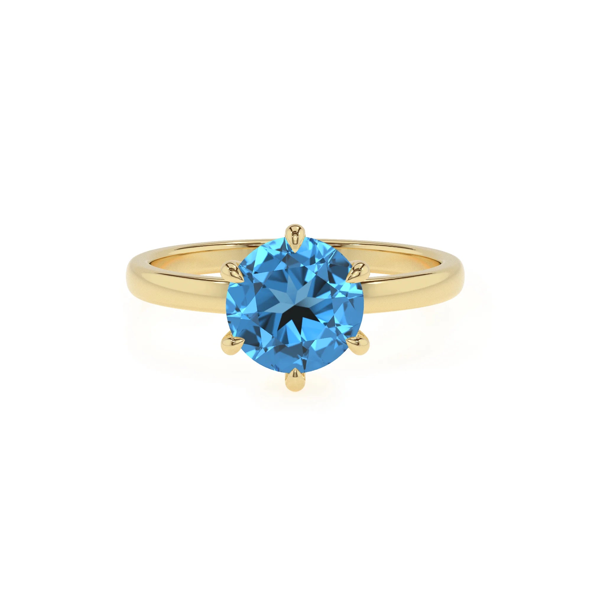 natural swiss-blue-topaz round solitaire rings in yellow gold 