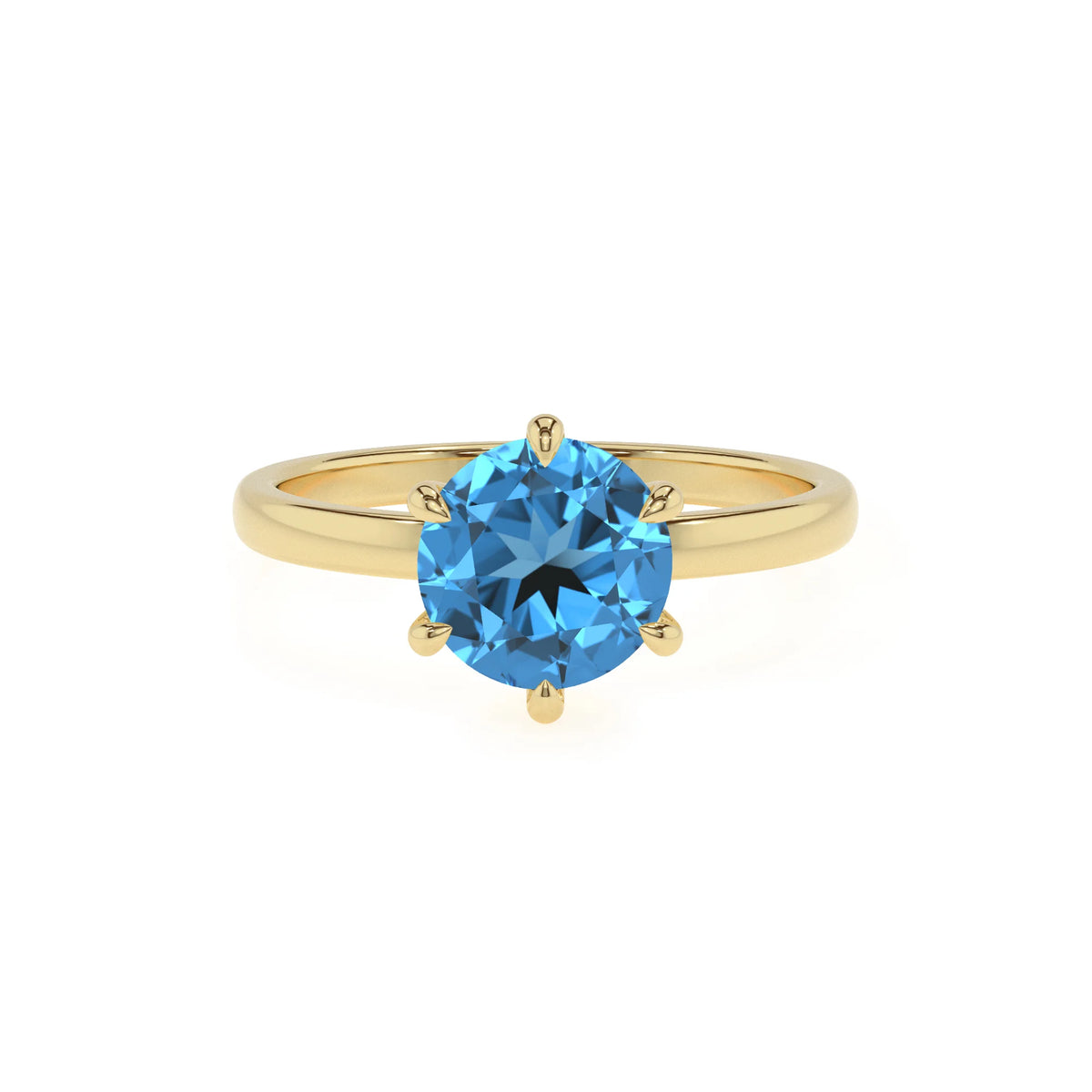 natural swiss-blue-topaz round solitaire rings in yellow gold 