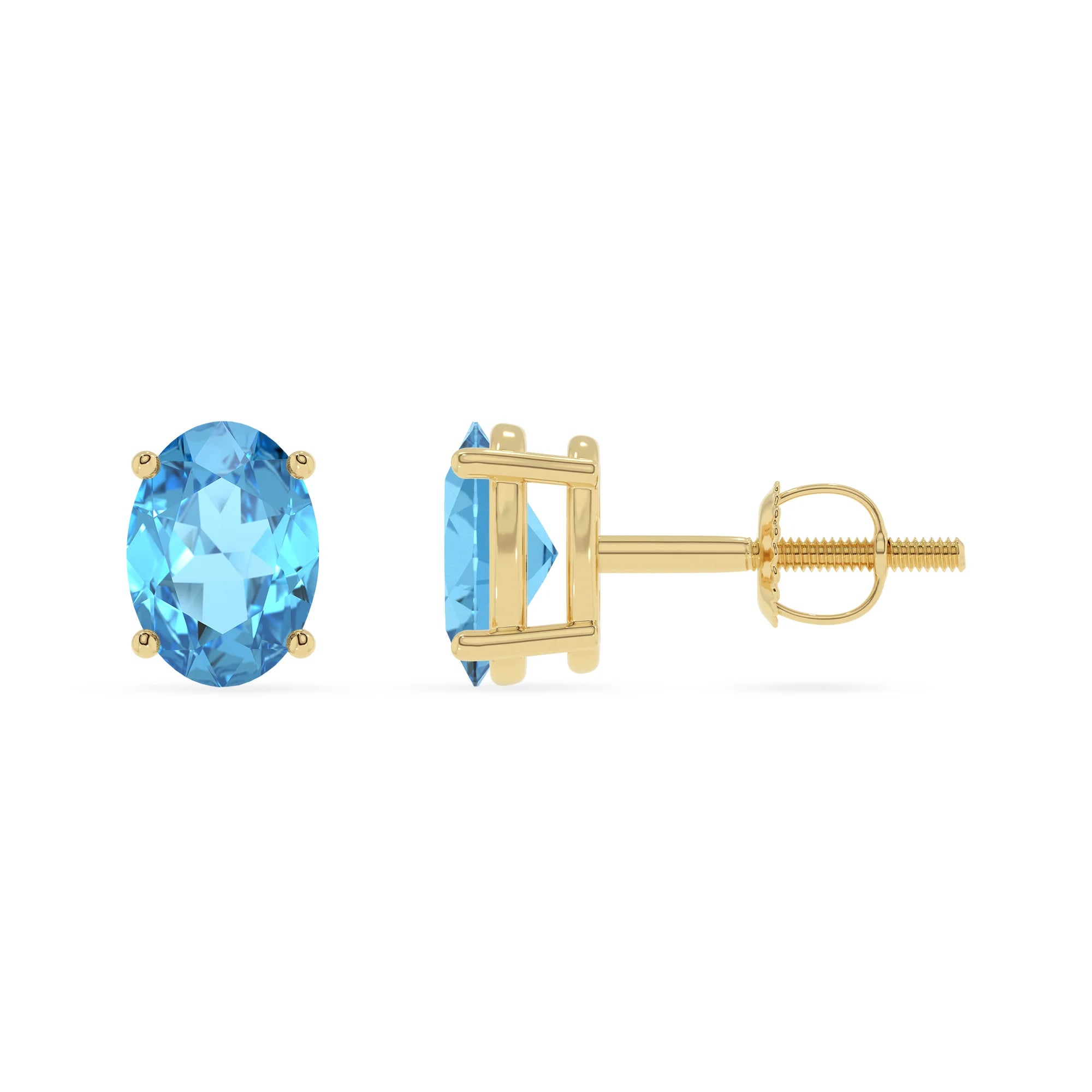 natural swiss blue topaz oval stud earrings in yellow gold 