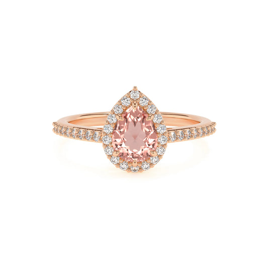 lab grown morganite pear solitaire rings in rose gold 