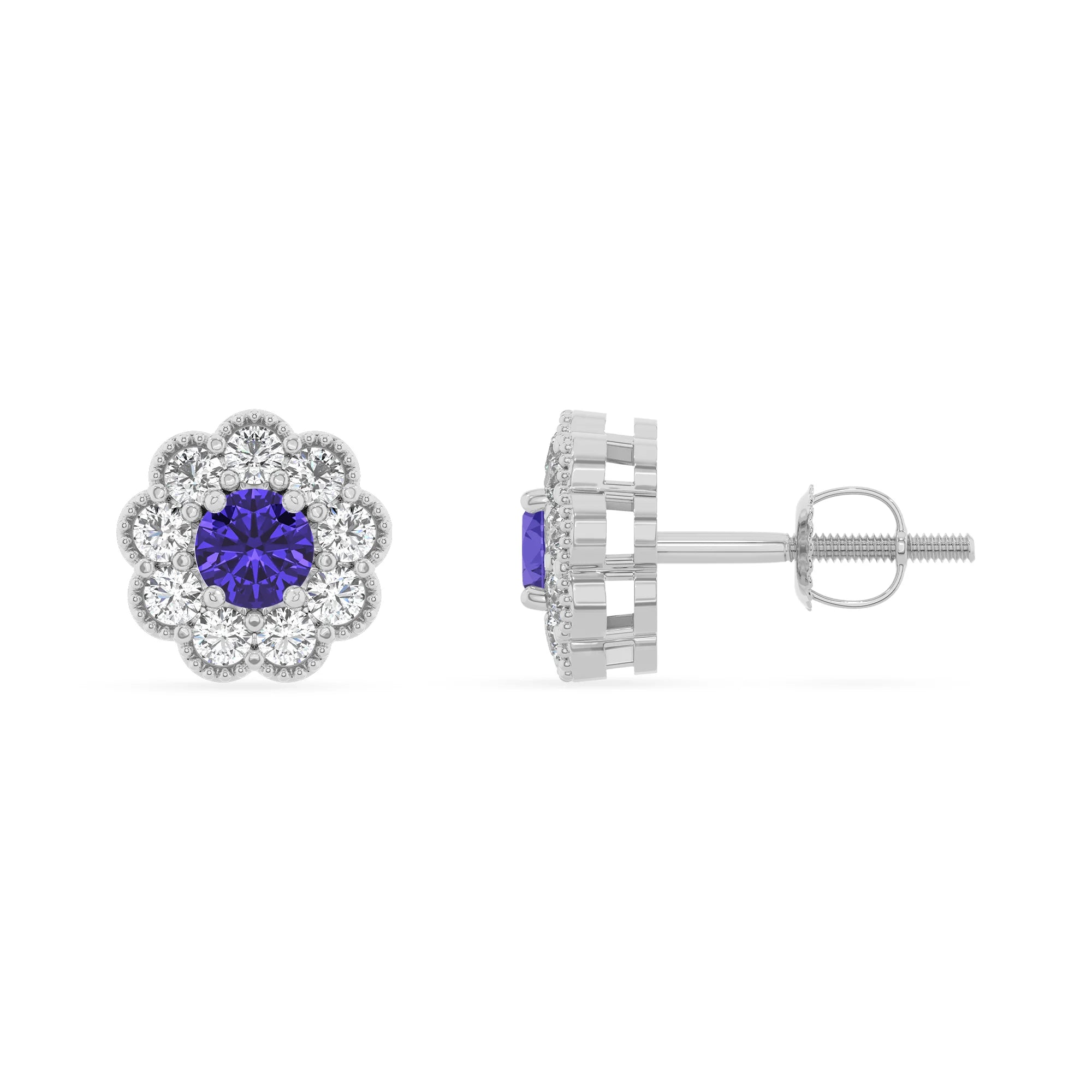 lab grown tanzanite round stud earrings in white gold 