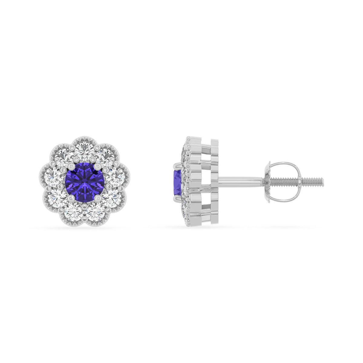 lab grown tanzanite round stud earrings in white gold 