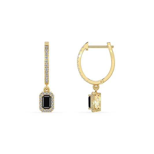 natural black onyx emerald cut drop earrings in yellow gold 