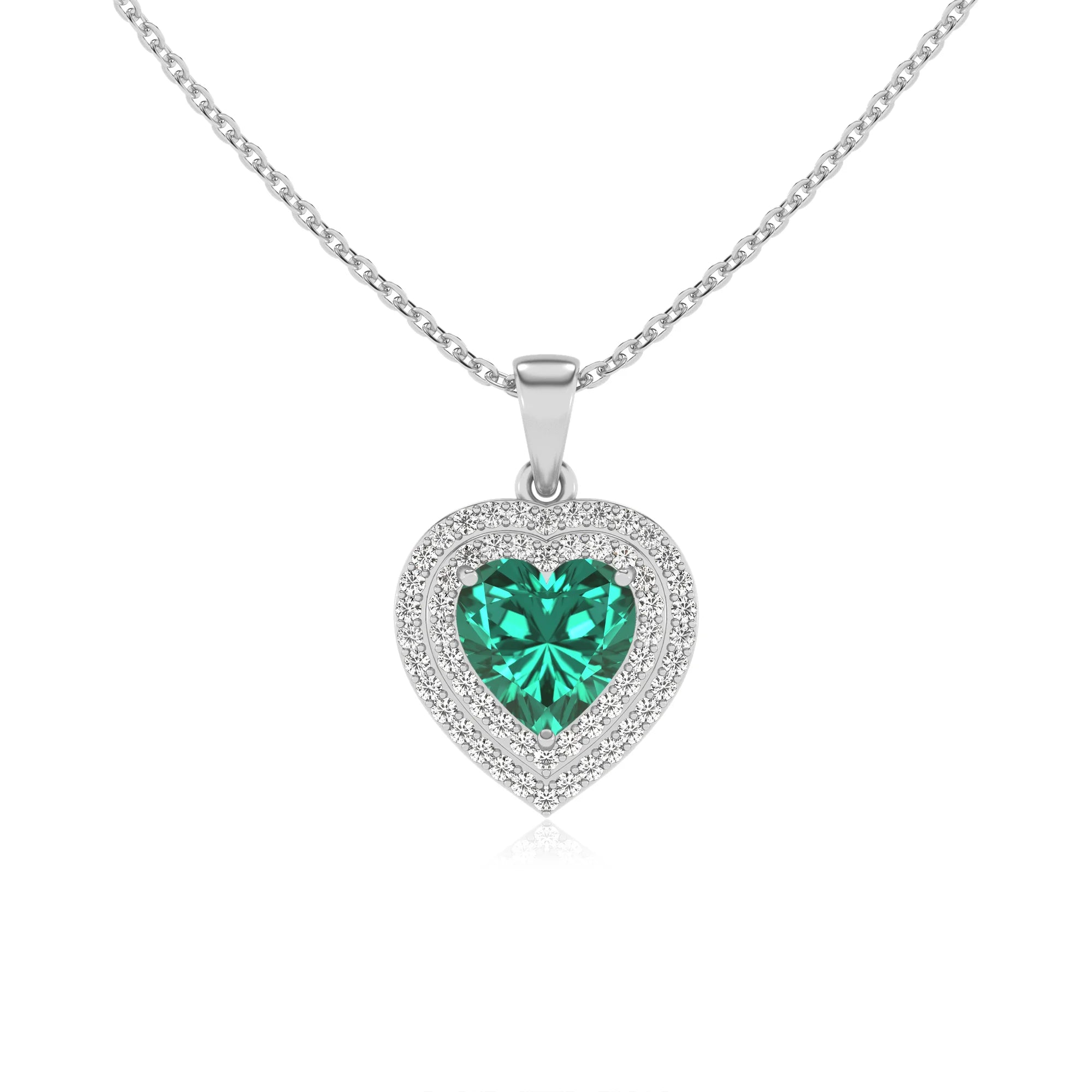 lab grown emerald heart halo necklaces in white gold 