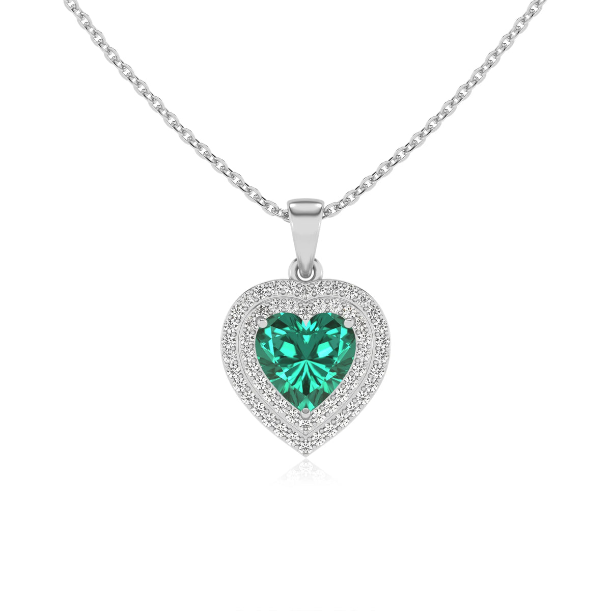 lab grown emerald heart halo necklaces in white gold 