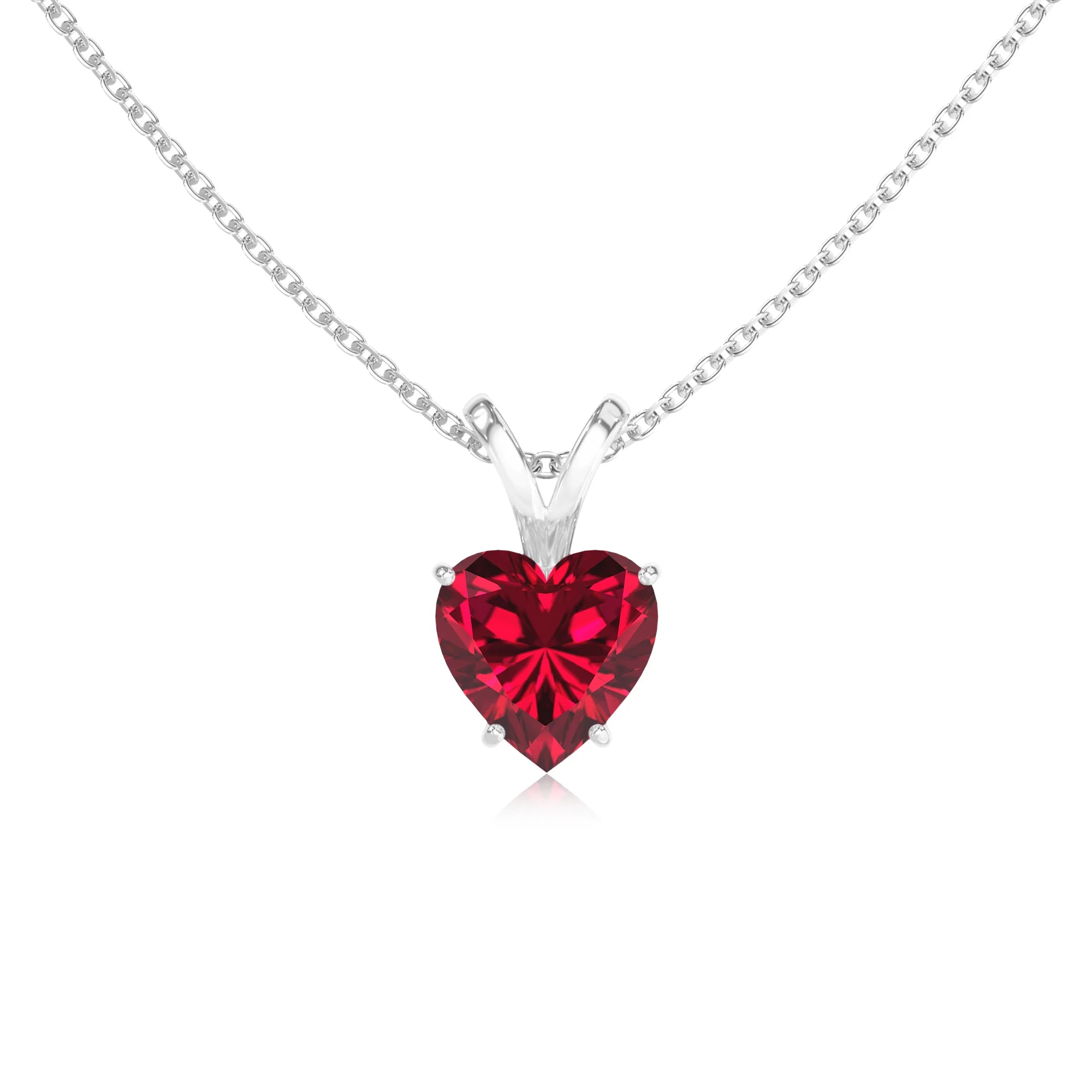 lab grown ruby heart solitaire v-bale necklaces in white gold 