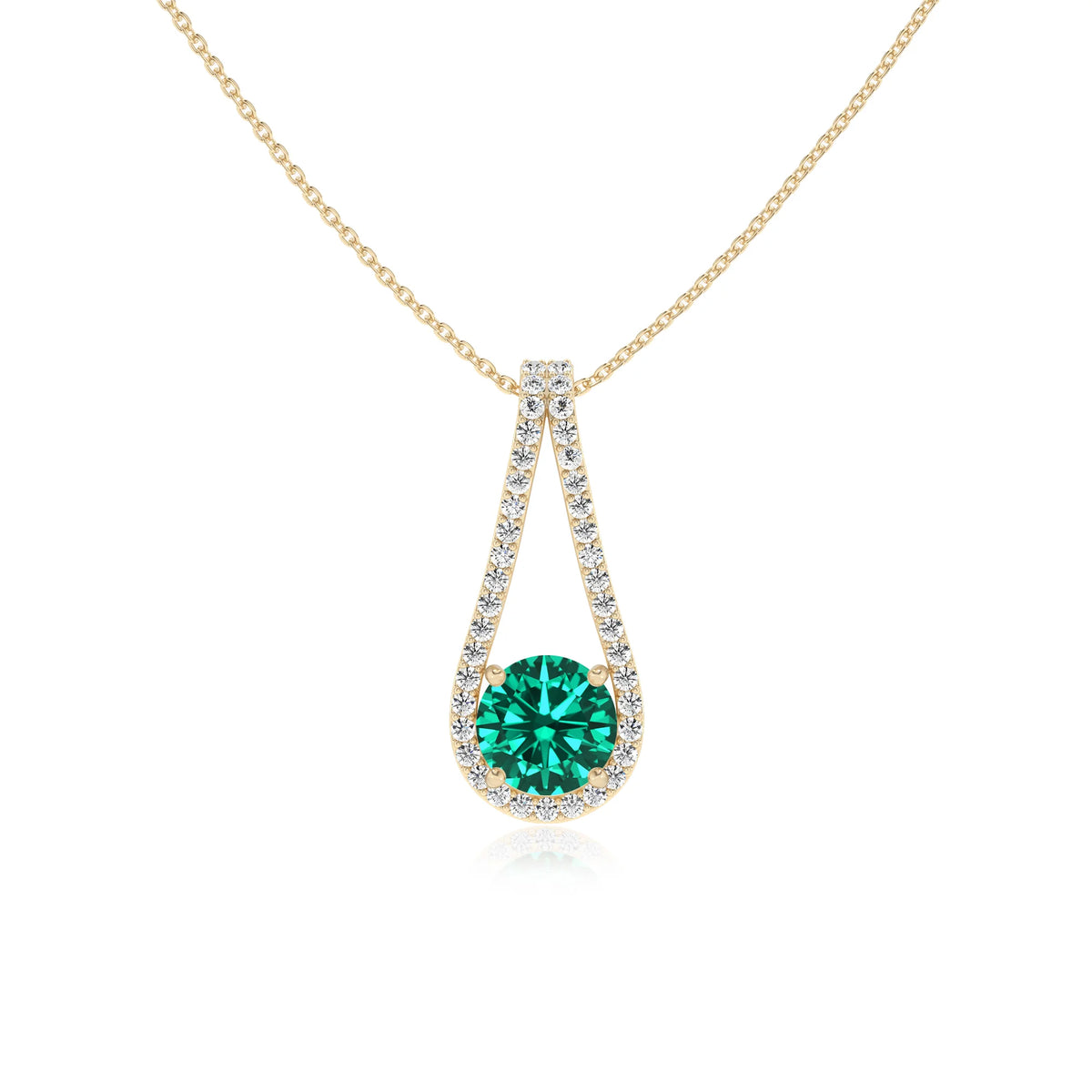 lab grown emerald round solitaire v-bale necklaces in yellow gold 