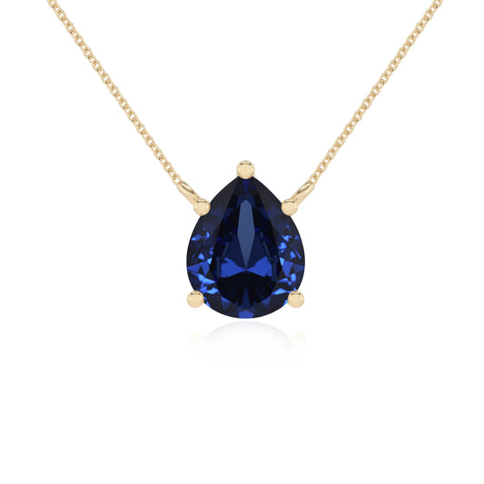 lab grown blue-sapphire pear solitaire necklaces in yellow gold 