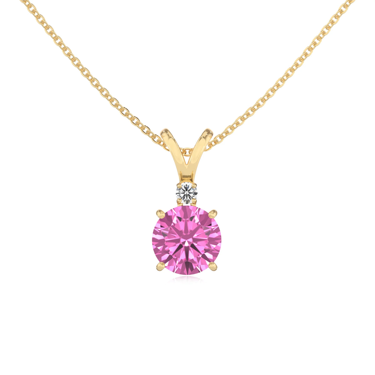 lab grown pink-sapphire round solitaire v-bale necklaces in yellow gold 