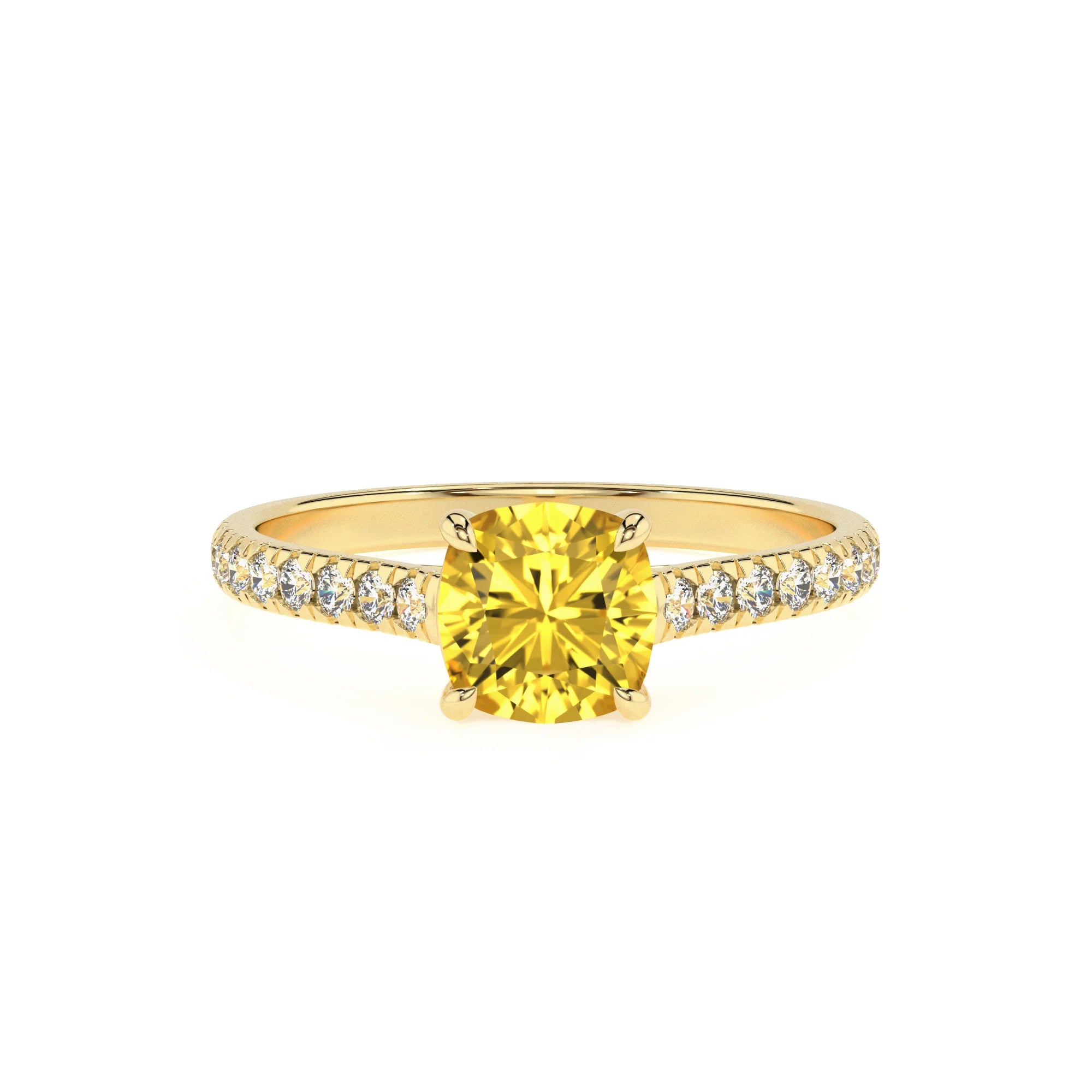 lab grown yellow-sapphire cushion half eternity solitaire engagement rings in yellow gold 