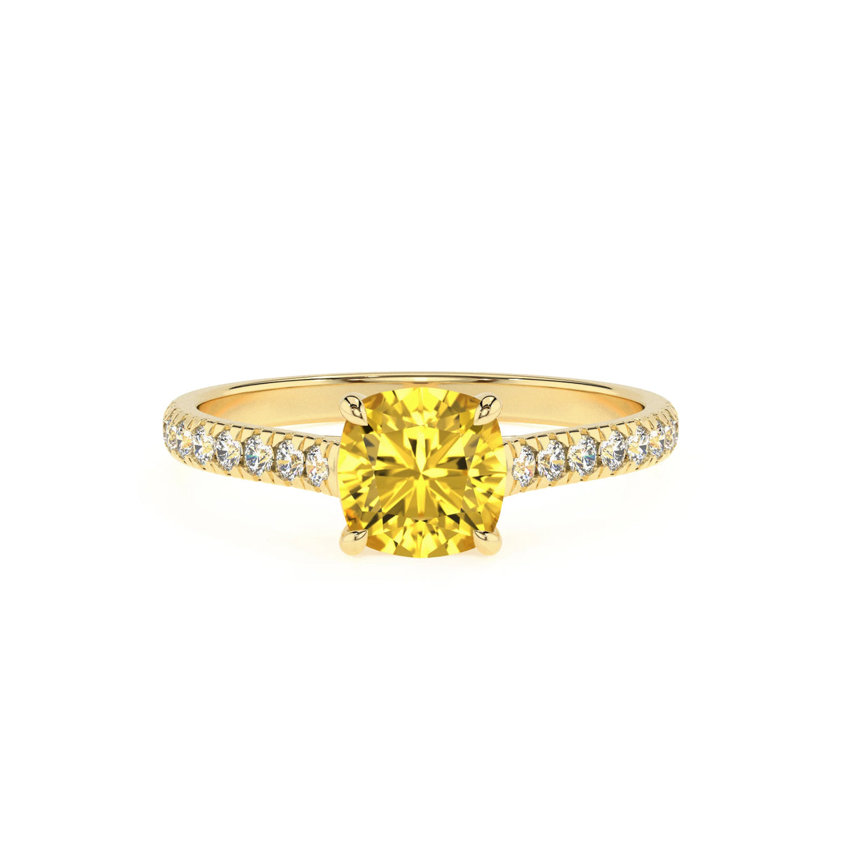 lab grown yellow-sapphire cushion half eternity solitaire engagement rings in yellow gold 