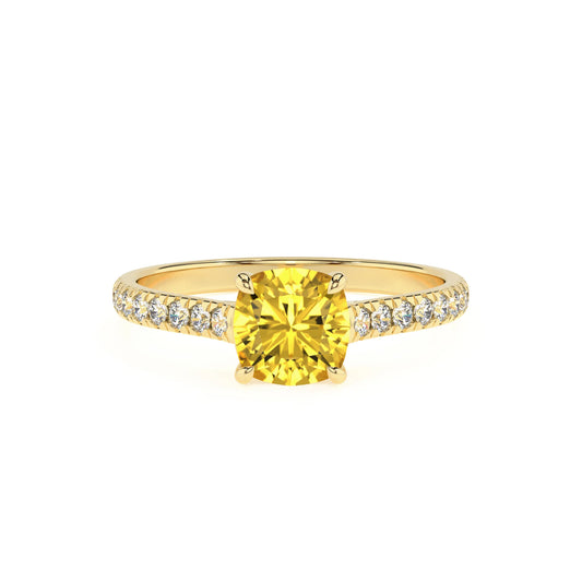 lab grown yellow-sapphire cushion half eternity solitaire engagement rings in yellow gold 