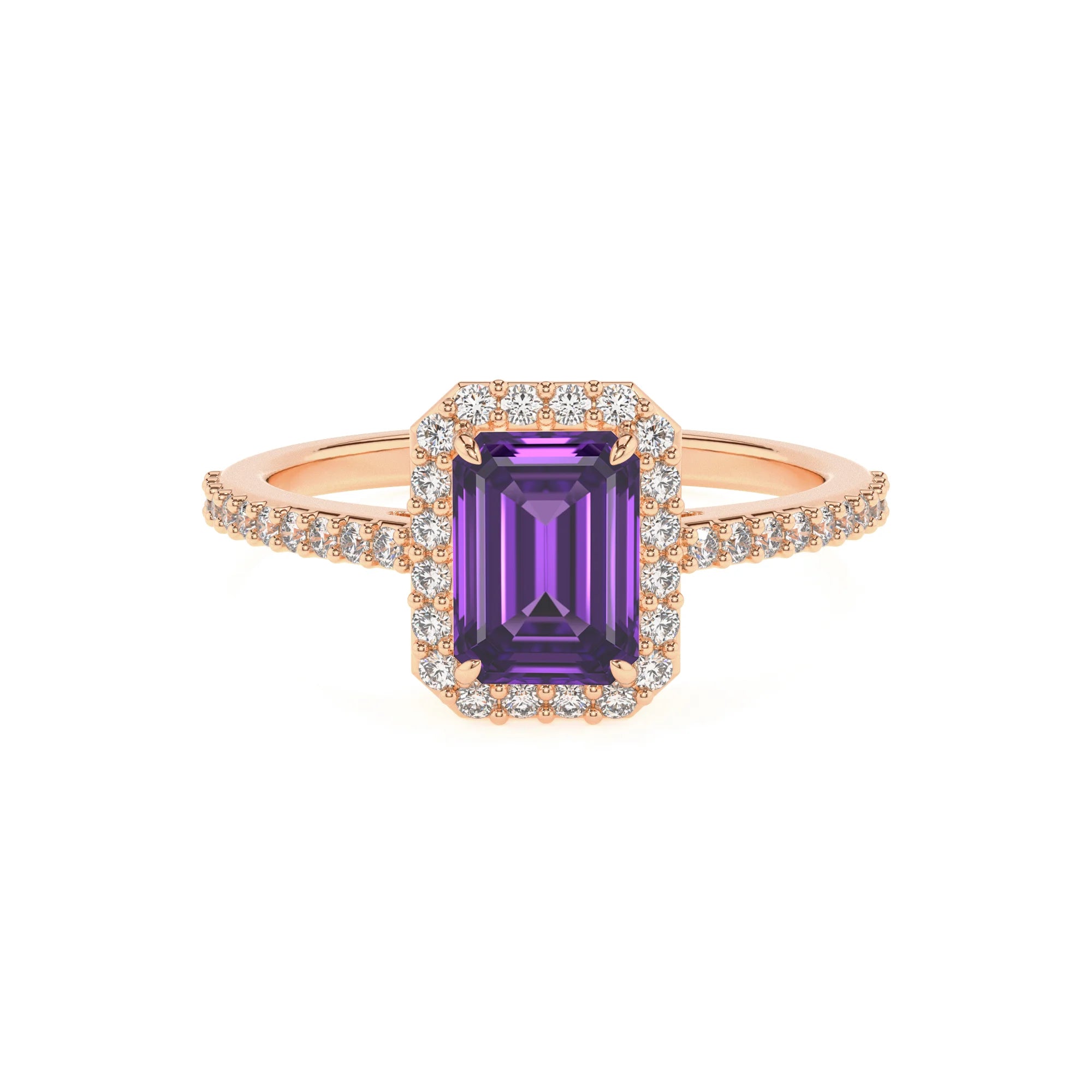 lab grown amethyst emerald cut solitaire rings in rose gold 