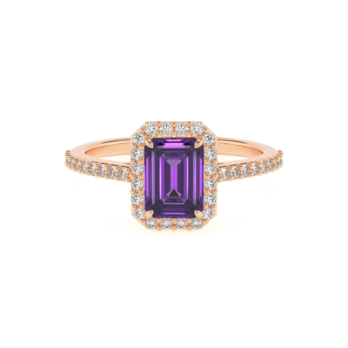 lab grown amethyst emerald cut solitaire rings in rose gold 