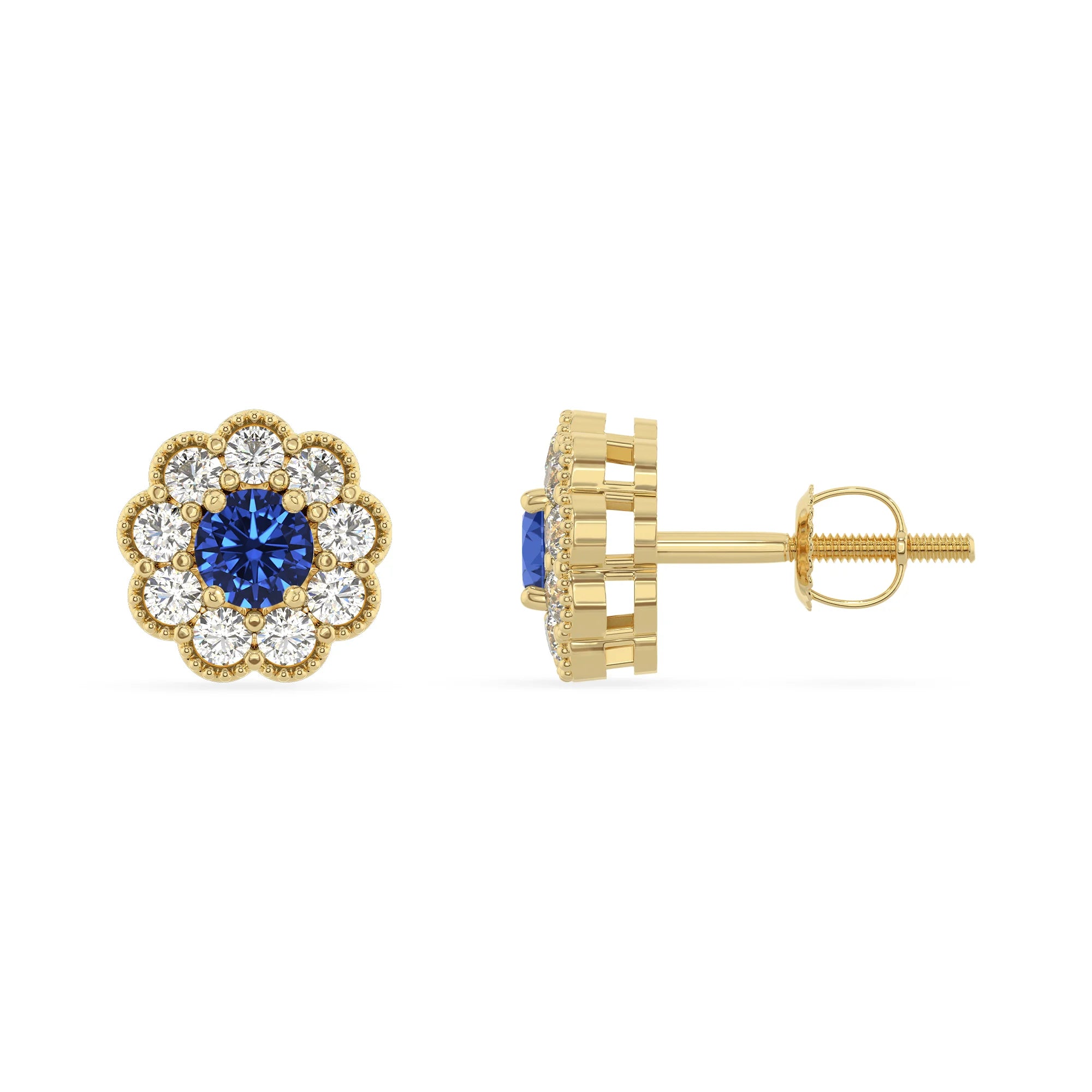 lab grown blue sapphire round stud earrings in yellow gold 