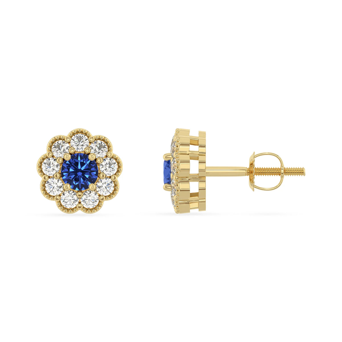 lab grown blue sapphire round stud earrings in yellow gold 