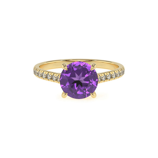 lab grown amethyst round half eternity solitaire engagement rings in yellow gold 