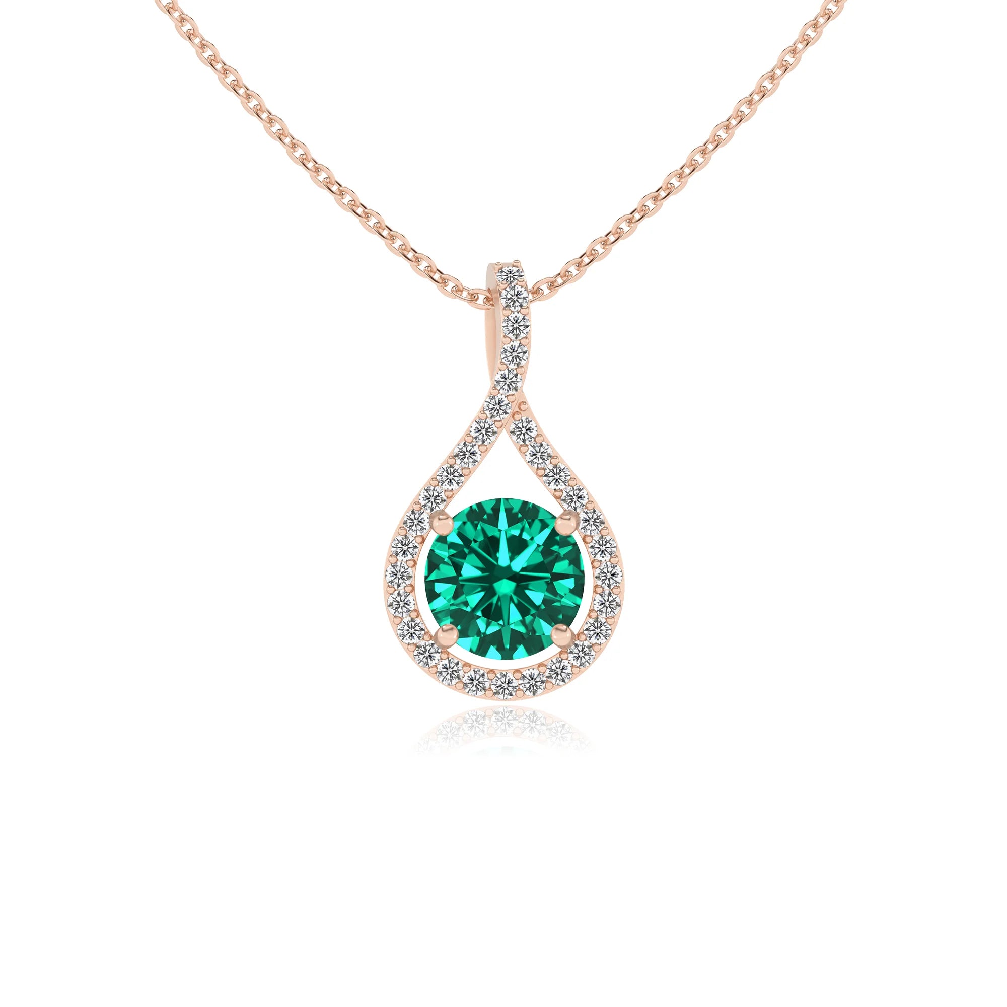 lab grown emerald round solitaire necklaces in rose gold 