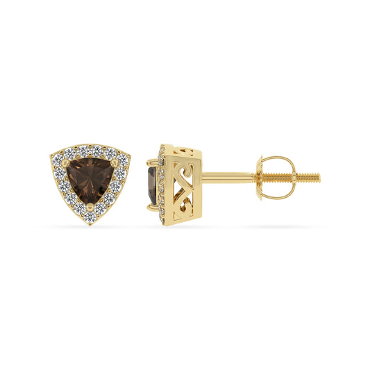natural smoky quartz trillion stud earrings in yellow gold 