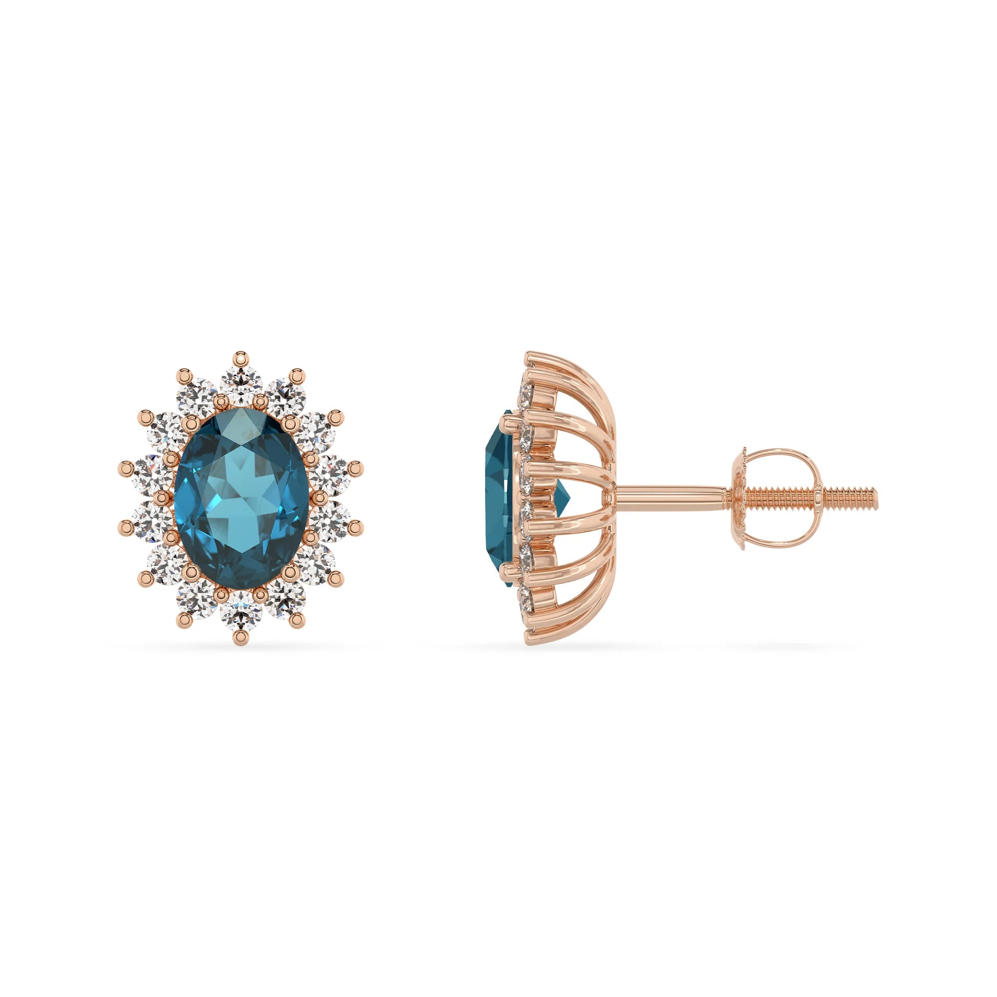 natural london blue topaz oval stud earrings in rose gold 