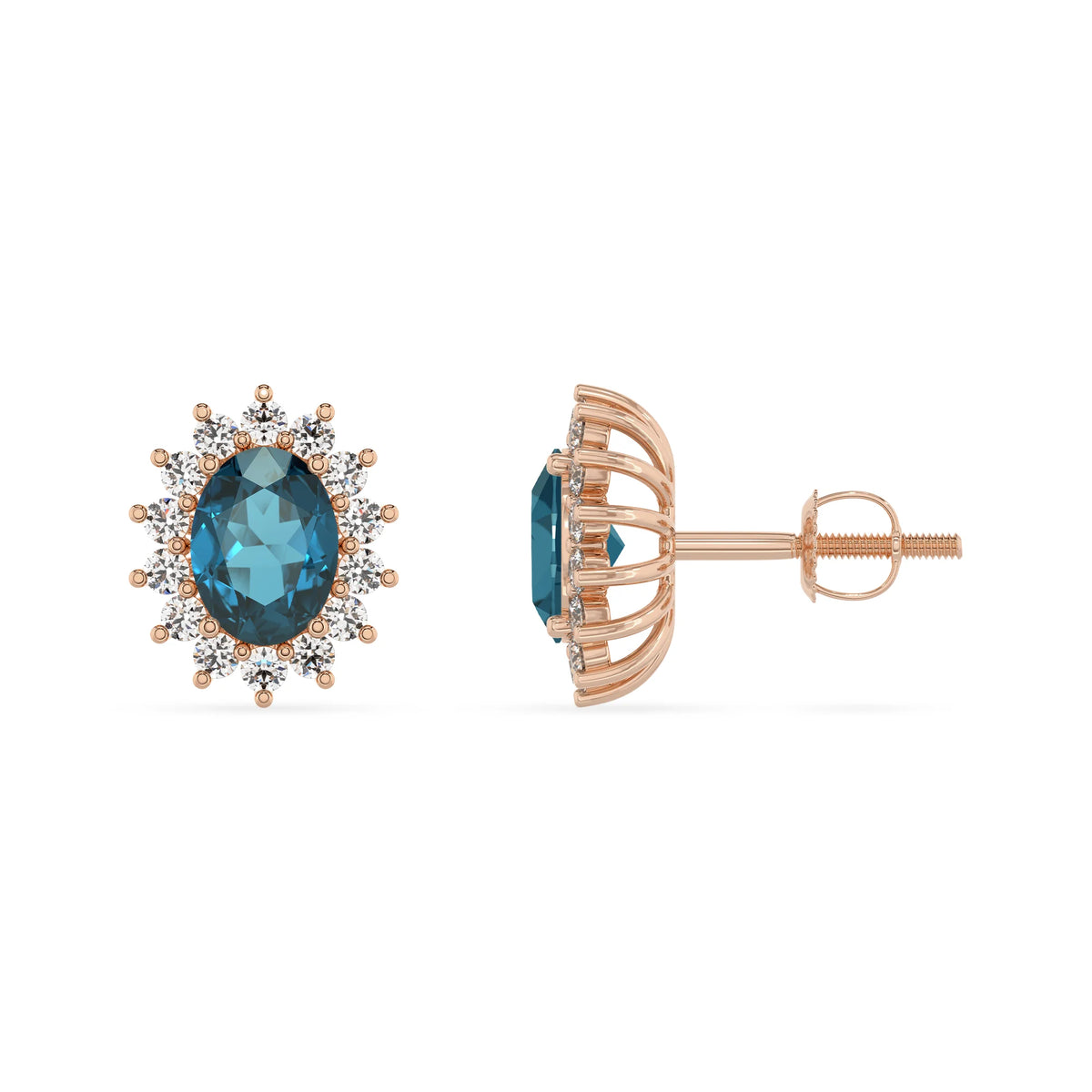 natural london blue topaz oval stud earrings in rose gold 