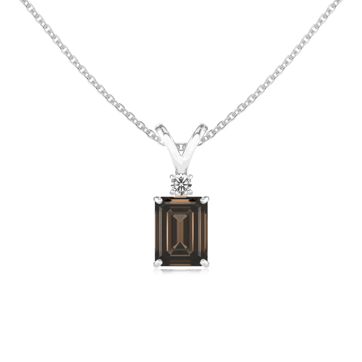 natural smoky-quartz emerald cut solitaire v-bale necklaces in sterling silver 