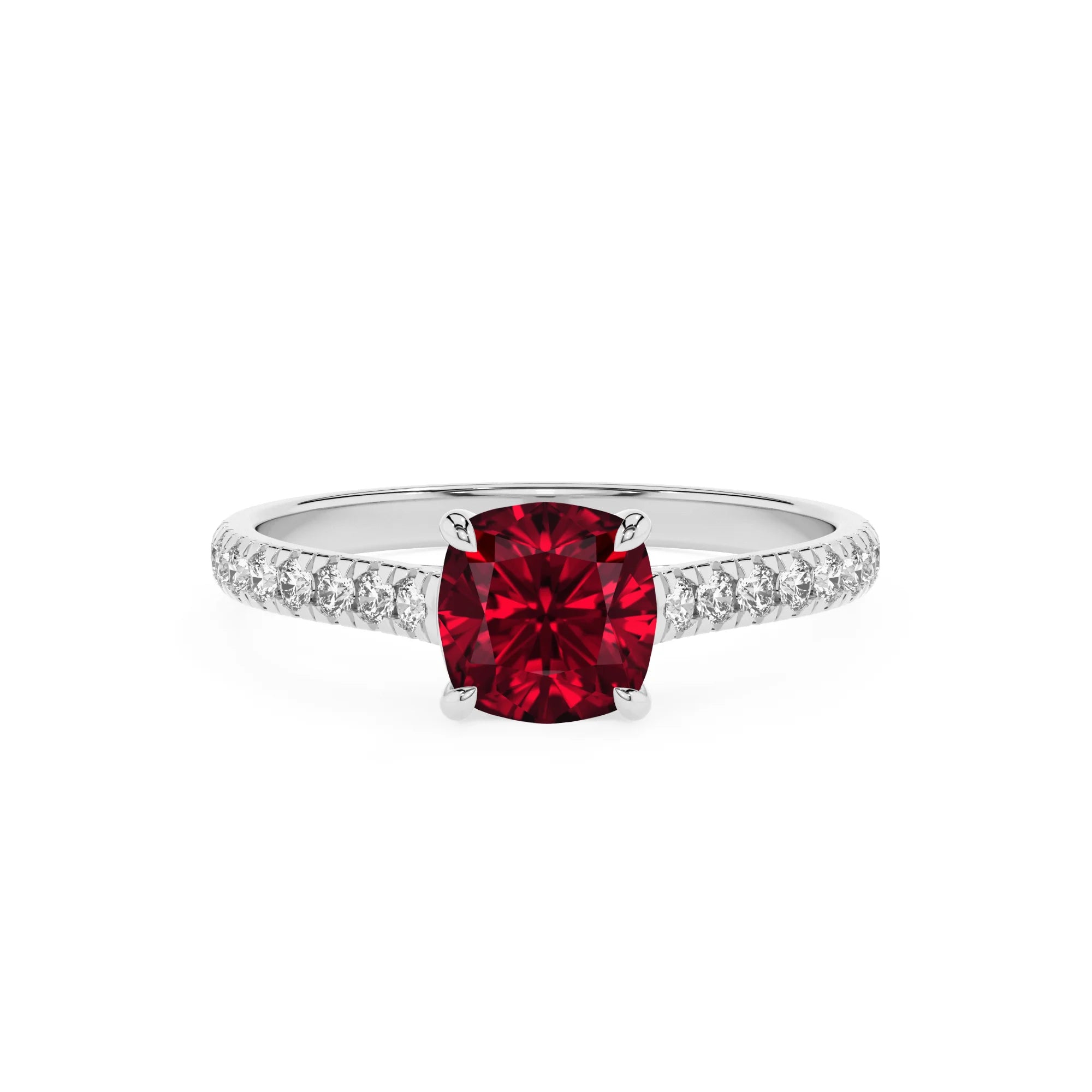 lab grown ruby cushion half eternity solitaire engagement rings in sterling silver 