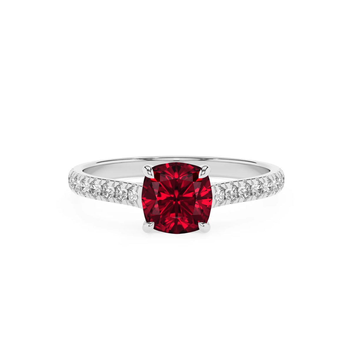 lab grown ruby cushion half eternity solitaire engagement rings in sterling silver 
