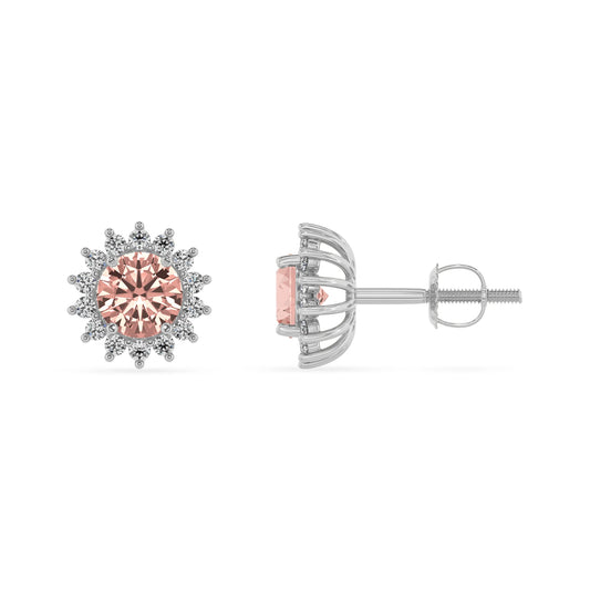 lab grown morganite round stud earrings in white gold 