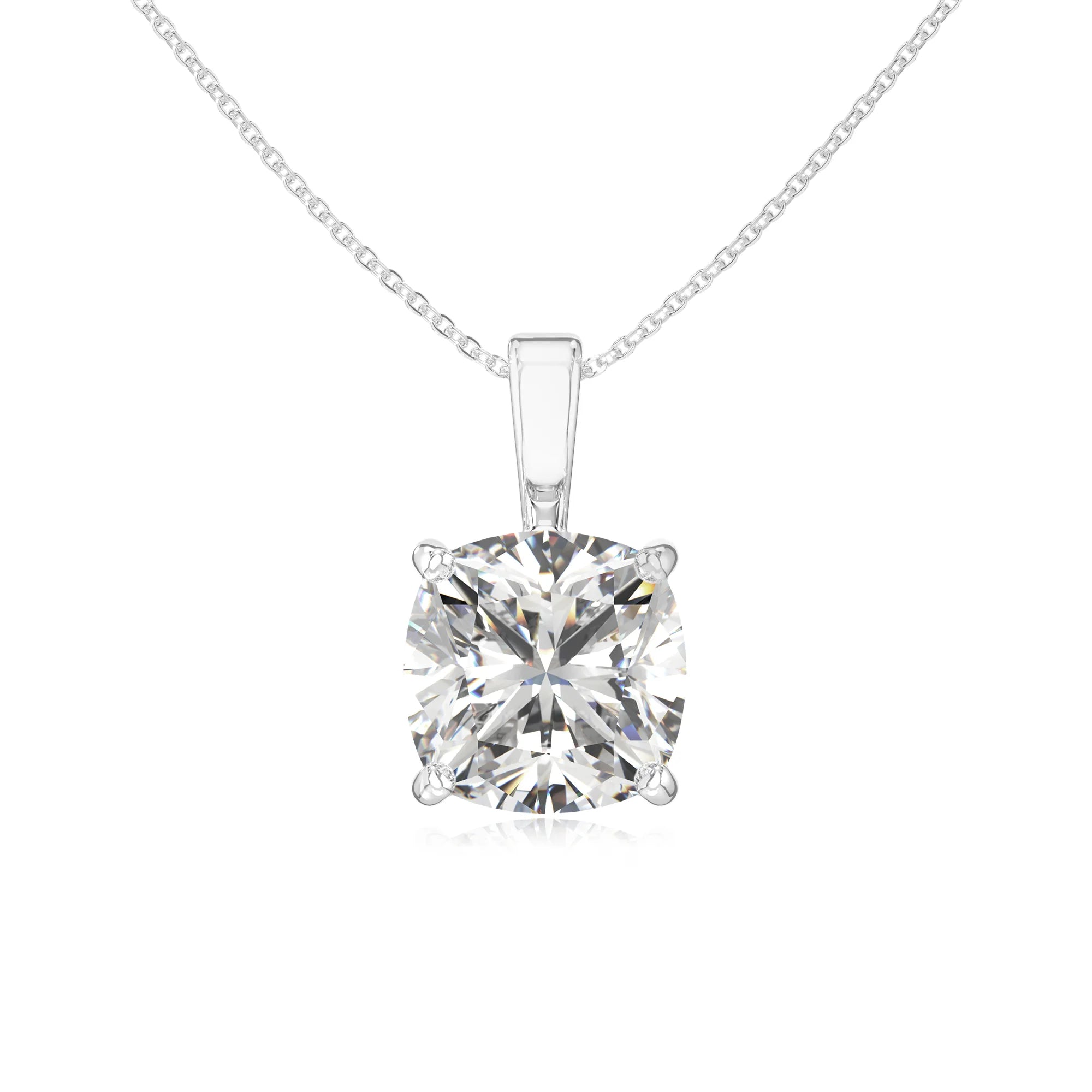 lab grown moissanite cushion solitaire necklaces in white gold 