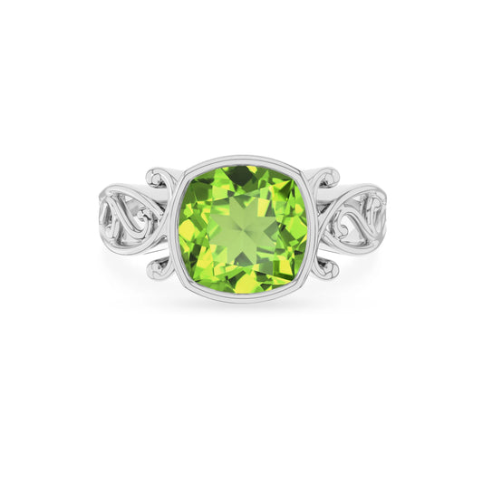 natural peridot cushion solitaire rings in platinum 