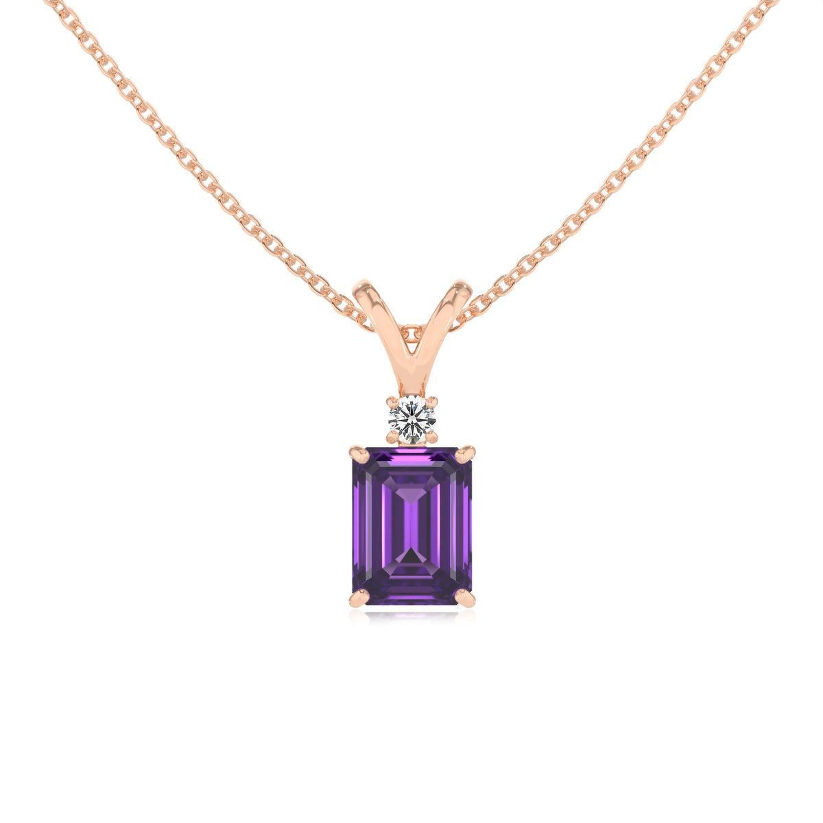 lab grown amethyst emerald cut solitaire v-bale necklaces in rose gold 