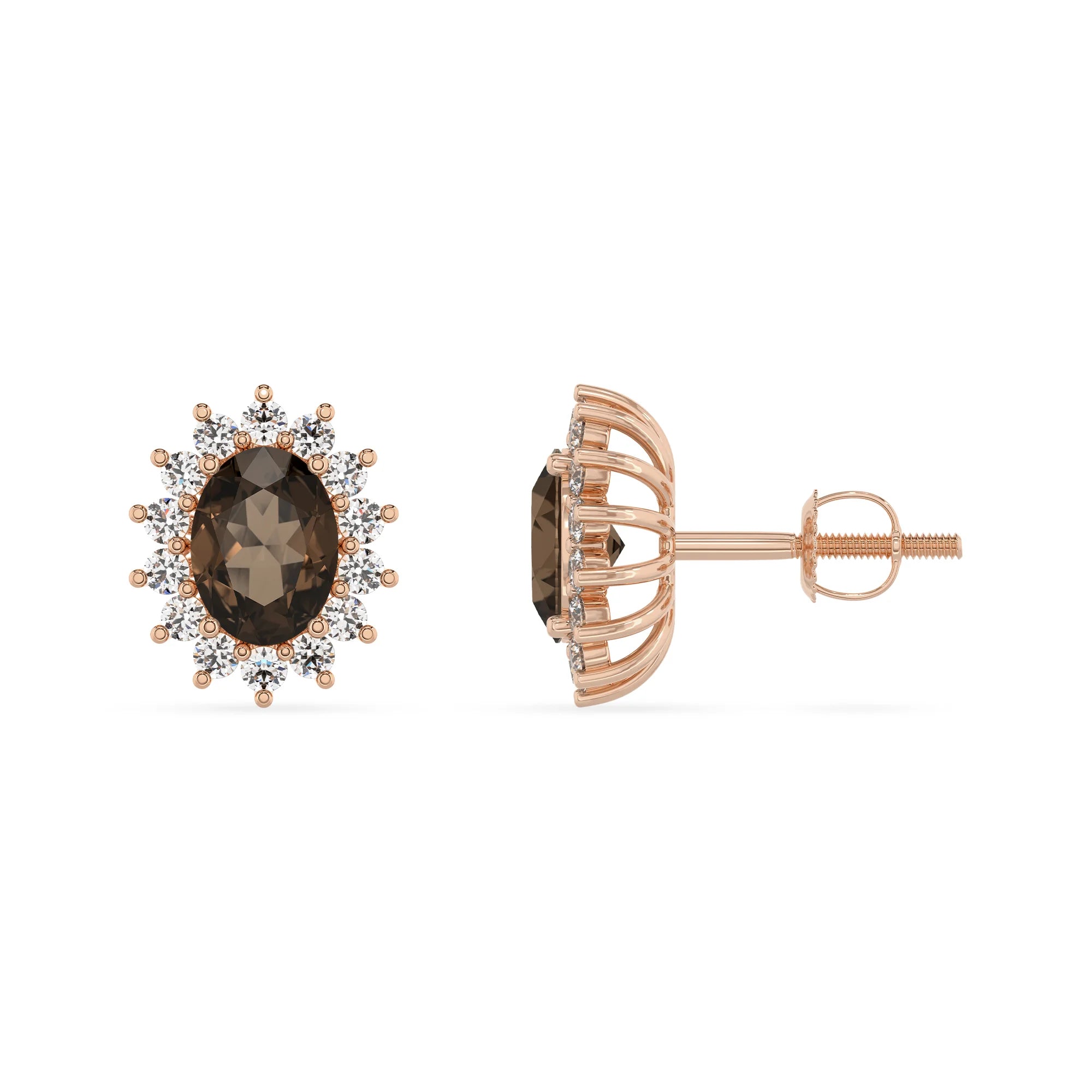 natural smoky quartz oval stud earrings in rose gold 