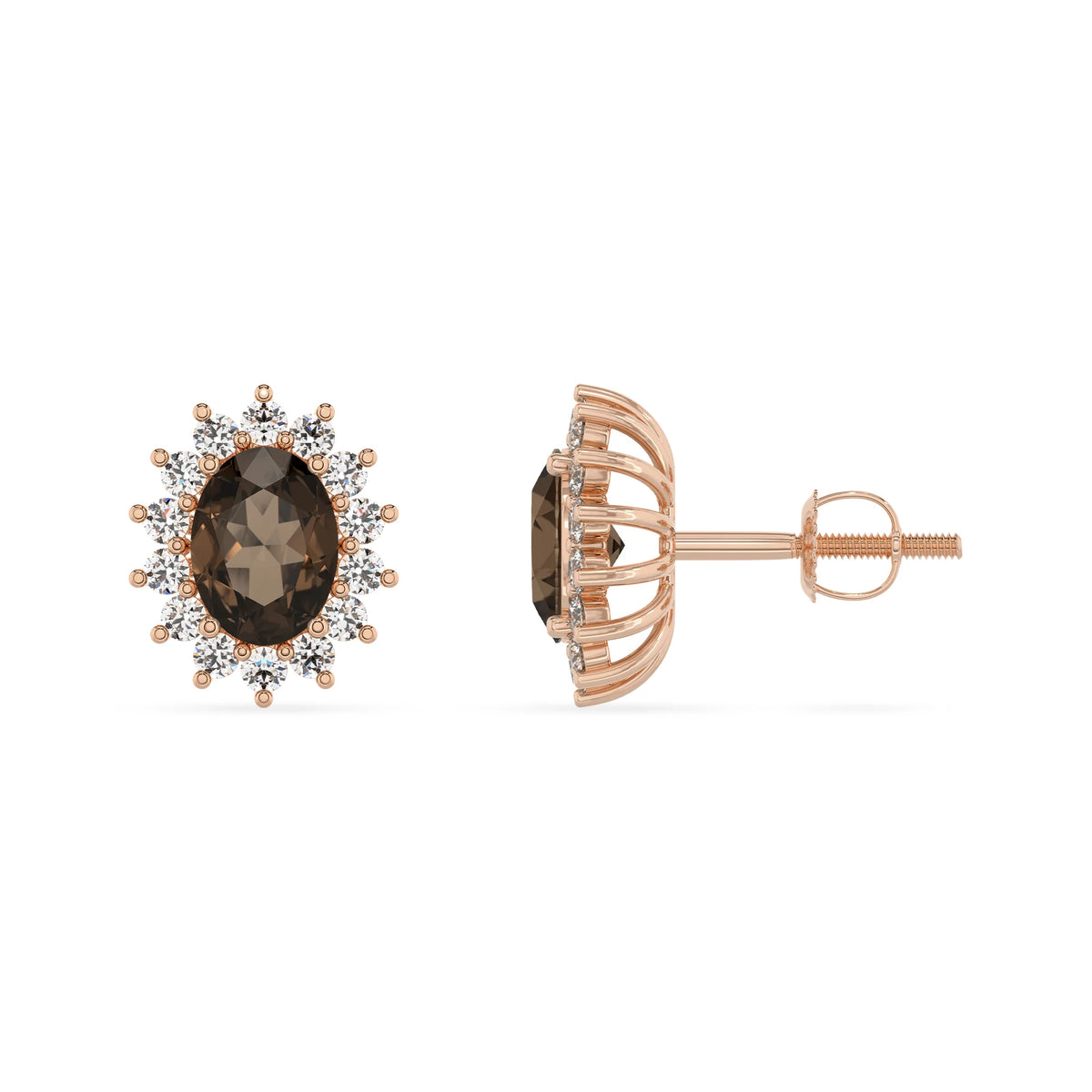 natural smoky quartz oval stud earrings in rose gold 