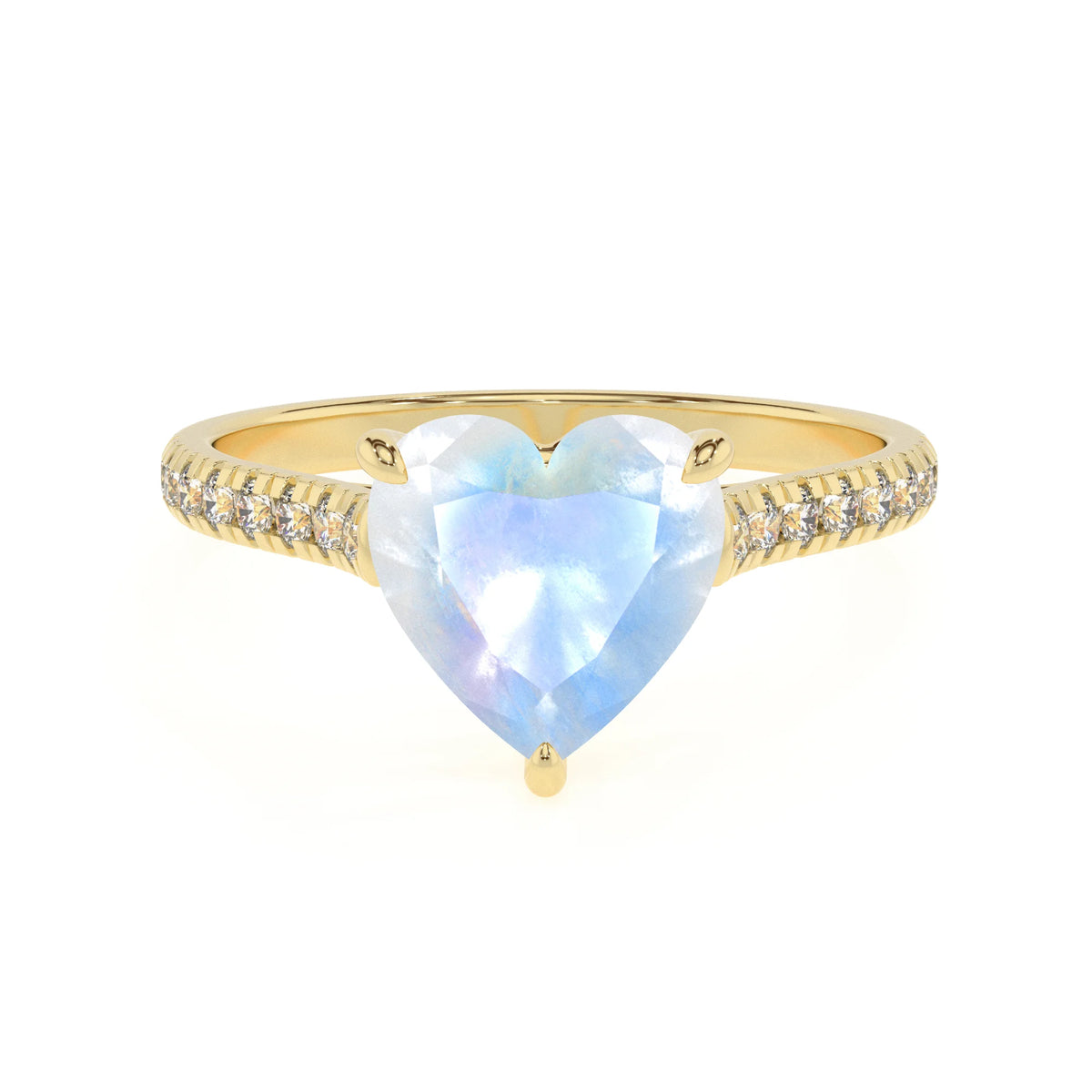 natural rainbow-moonstone heart half eternity solitaire engagement rings in yellow gold 