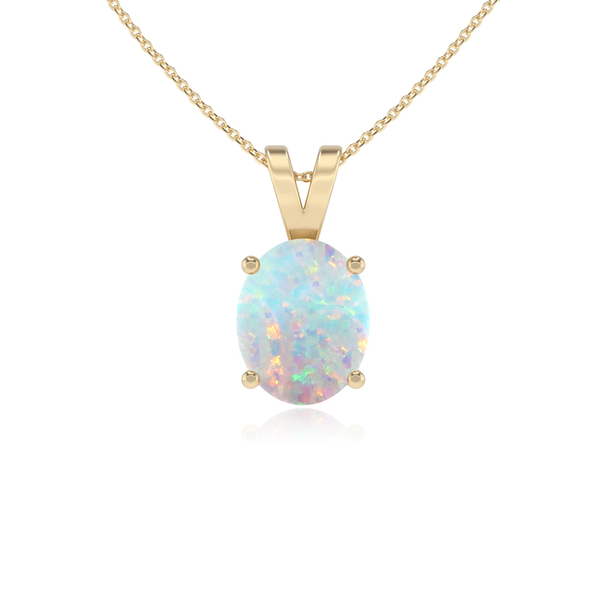 lab grown opal oval solitaire v-bale necklaces in yellow gold 